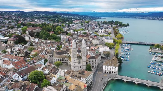 Aerial panoramic view of cityscape of Zurich, capital city of canton of the same name, Limmat River - landscape panorama of Switzerland from above, Europe