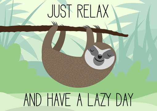 cute sleepy sloth hanging on tree branch lazy day greeting card vector illustration