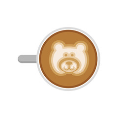 Top view of hot coffee with bear latte art. Cup of fresh cappuccino. Morning drink. Flat vector for cafe or restaurant menu