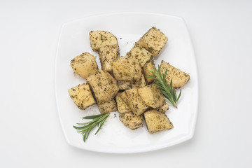 Spicy potato cut in cubes and fried, lebanese cuisine