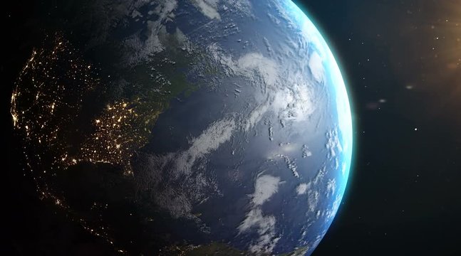 Epic earth globe from space. United states of America from space sunrise. The World Spinning. Realistic Earth Planet. Day and night on earth from space. Rotation of the earth planet. USA map animation