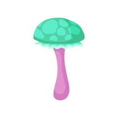 Magic mushroom with green spotted cap and pink stalk. Poisonous forest plant. Flat vector illustration
