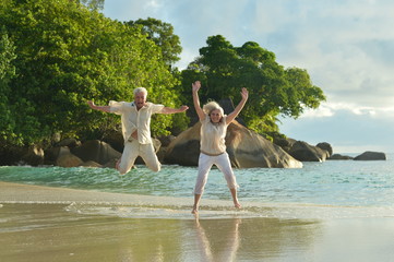 Portrait of a happy elderly couple jumping