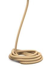 3d rendering of a single natural rope lying in a round coil with one side of the line lifted up.