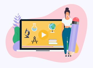 Woman with pencil. Online education concept. Science concept with book computer and studying icons. .E-learning. Flat design modern vector illustration concept.