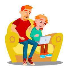 Father And Son Using Laptop On The Sofa Vector. Isolated Illustration