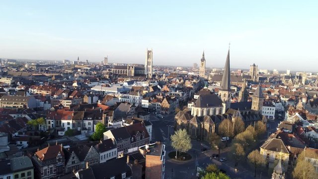 Aerial view european city in sun light. Panoram over town with ancient towers and cathedrals. Ghent, Belgium
