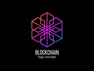 Blockchain logo concept. Modern technology design. Color cube logotype. Cryptocurrency and bitcoin label. Digital money icon. Vector illustration