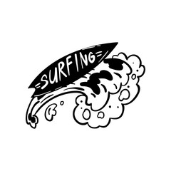 Surfing logo, hand drawn design element can be used for surf club, shop, clothes print, emblem, badge, label, flyer, poster vector Illustration on a white background