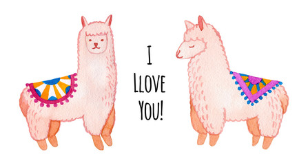 Llama and alpaca collection of cute hand drawn watercolor illustrations, cards and design for nursery design, poster, greeting card. Llamas or alpacas clip-art. Cute animals watercolor illustration.