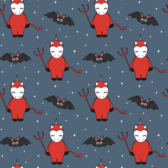 cute cartoon devil unicorns in the night halloween seamless vector pattern background illustration with bats