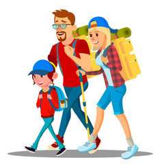 Family Go To Camping With Backpacks On Their Backs Vector. Isolated Illustration