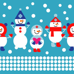 Seamless vector background with Christmas snowmen. Winter holiday vintage pattern. Can be used for wallpaper, textile, invitation card, wrapping, web page background.