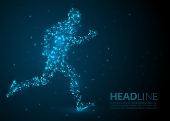 Abstract Illustration of a running man created of lines dots and lights on a dark background - abstract space and stars - futuristic polygonal wireframe design