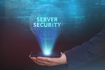 The concept of business, technology, the Internet and the network. A young entrepreneur working on a virtual screen of the future and sees the inscription: Server security