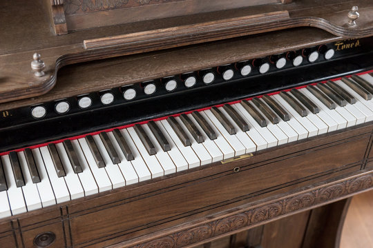 View of old piano keyboard with old retro tone