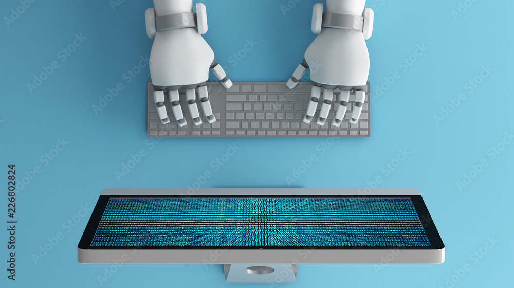 Fototapete Top view of Robot hands using keyboard in front of a computer monitor with binary number code screen, mock up. Artificial intelligence in digital data futuristic technology concept, 3d illustration