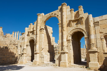 South gate of the ancient Roman city of Gerasa, modern Jerash in Jordan..