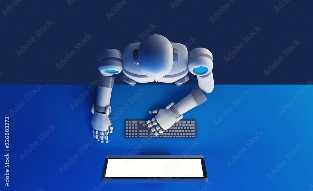 Poster top view of robot using a computer monitor with blank screen isolated on blue background, mock up. a