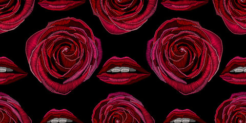 Seamless pattern lips and roses stylized texture of embroidery, imitation of ornamental satin stitch. Vector template for printing on fabric, clothes, t-shirt, shawl, head scarf.