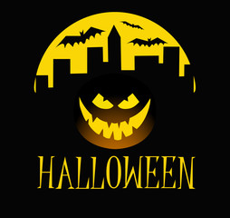 Halloween pumpkin with happy face on dark background with town. Vector cartoon Illustration.
