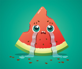 Fototapeta premium Cute watermelon slice half eaten character crying. Vector illustration isolated on green background.