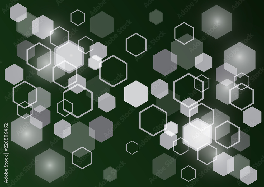 Poster bright abstract techno background with hexagons and glowing sparks.