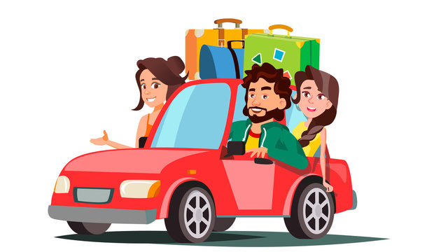 Family With Children Going In The Car On Vacation Vector. Isolated Illustration