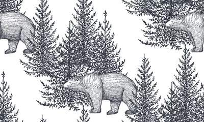 Tapeten Waldtiere Vektor nahtlose Muster mit handgezeichneten Bären und Bäumen.