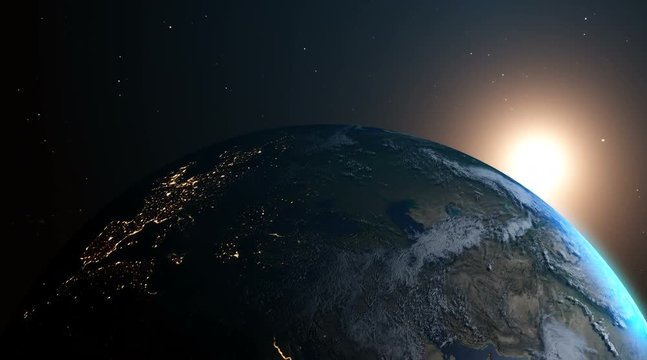 Beautiful Sunrise over the Earth. cities lights from the space 4k. sun light over the earth night to day.earth time cycle from space. Epic Earth background. Futuristic science astronomy background