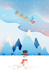 Santa claus on the sleigh with beautiful sky in paper art and pastel schenme