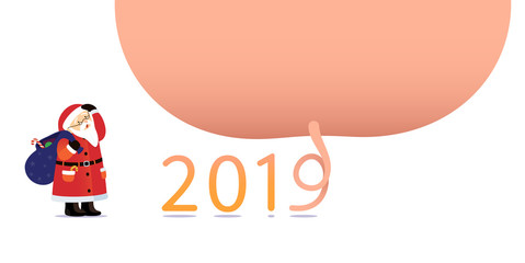 Vector illustration poster, Happy New Year 2019 funny card design with giant pig and Santa Claus