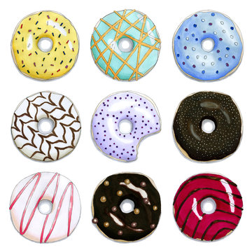Hand painted set of the cute sweet colorful donuts