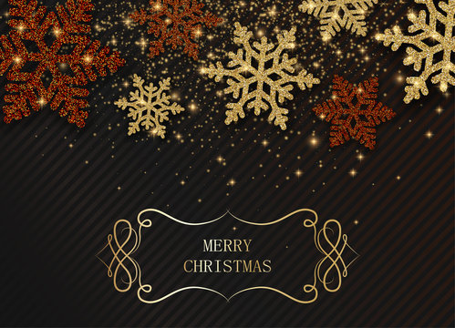 Merry Christmas greeing card with beautiful shiny snowflakes.