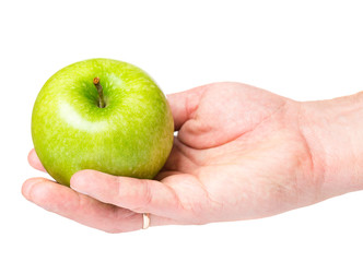 Male hand holding green apple, isolated on white background.