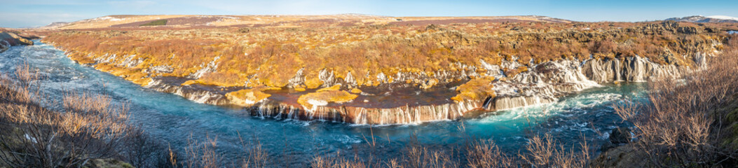 Panorama of Hraunfossar waterfall in Iceland