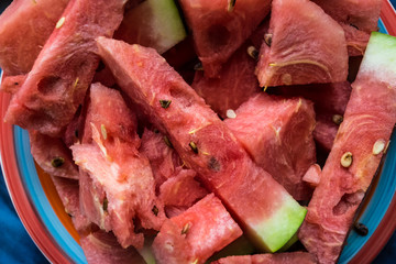 Slices of ripe watermelon in the plate.