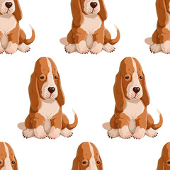 Fototapeta premium Vector seamless pattern with puppy. Hand drawn illustration with basset hound isolated on white background. Color texture with cute dogs