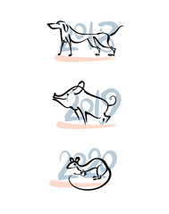 Dog 2018. Pig 2019. Rat 2020. Symbols of the years on the Chinese calendar. Vector template handwritten figures. 