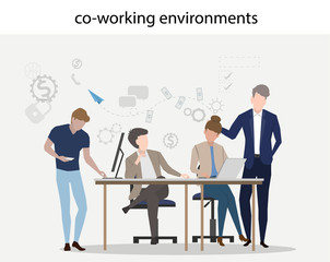 co working environments office center people talking and working business how to make money with investment meeting share ideas developers flat design style vector illustration