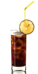 Cola With Ice Cubes, Lemon And Straw In Glass