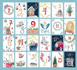 Fototapeta na wymiar Christmas advent calendar with watercolor illustration. Set of cute christmas cards.