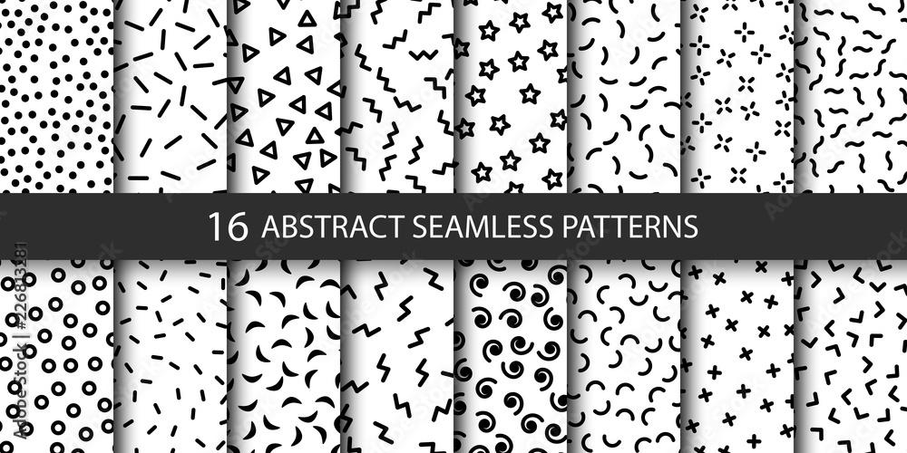 Fototapete set of vector abstract seamless patterns with different shapes. collection of patterns in the memphi