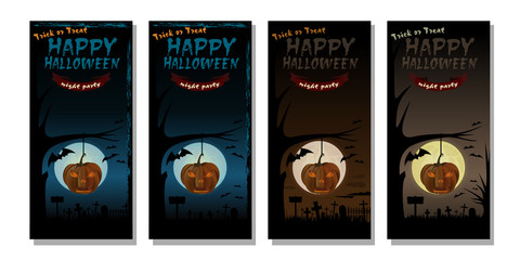 Halloween banner design set. Happy Halloween. Full moon over cemetery. Vector illustration