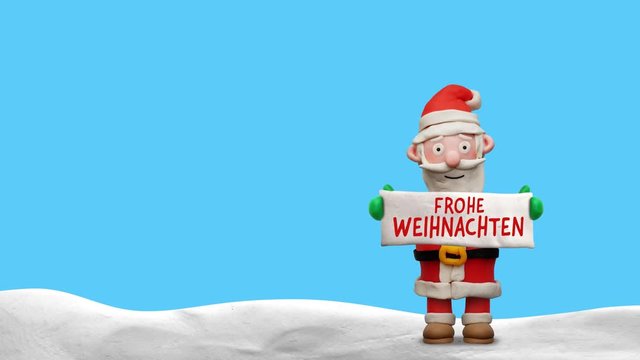 Weihnachtsmann aus Knete mit Schild „Frohe Weihnachten“ im Schnee – Animation