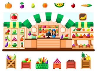 Vegetable shop indoor with seller, showcase and refrigerator. Supermarket interior with goodies. Fruits and vegetables in basket, boxes and containers. Healthy eating and eco food. Flat illustration