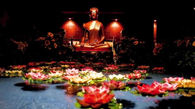 olorful flowers floating under the golden statue of Buddha in Buddhist monastery. Buddha statue above the pool with moving water lilies.