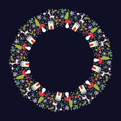 Christmas Hand Drawn Wreath with Round Frame for Cards Design Vector Layout with Copyspace Can be use for Decorative Kit, Invitations, Greeting Cards, Blogs, Posters, Merry X’mas and Happy New Year.