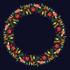 Christmas Hand Drawn Wreath with Round Frame for Cards Design Vector Layout with Copyspace Can be use for Decorative Kit, Invitations, Greeting Cards, Blogs, Posters, Merry X’mas and Happy New Year.