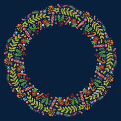 Christmas Hand Drawn Wreath with Round Frame for Cards Design Vector Layout with Copyspace Can be use for Decorative Kit, Invitations, Greeting Cards, Blogs, Posters, Merry X’mas and Happy New Year.